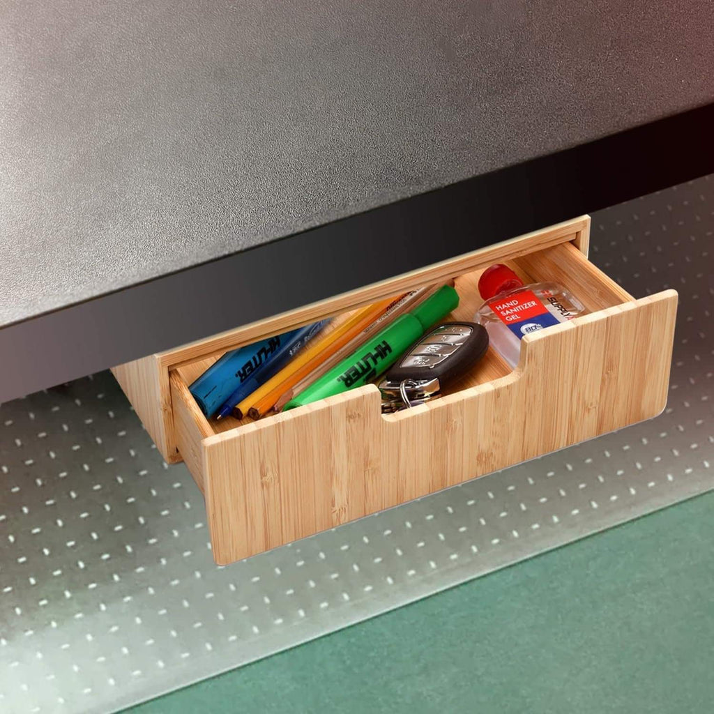 Bamboo Under Desk Drawer – Hidden Mountable Organizer for Office Supplies & Desk Accessories