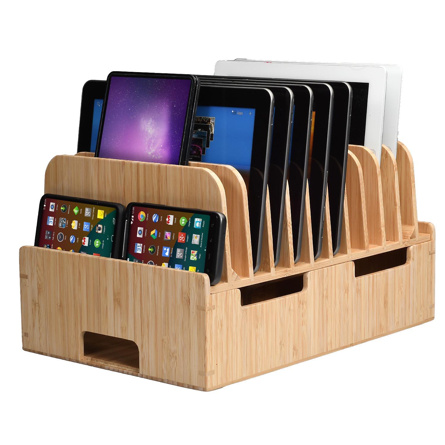 MobileVision Bamboo 12-Port Charging Station &amp; Docking Organizer for Smartphones, Tablets, Family-Sized (Combos Included)