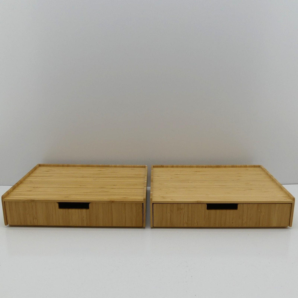 Set of 2 Bamboo Monitor Stands with Pull-Out Storage Drawers – Stackable Desktop Organizer